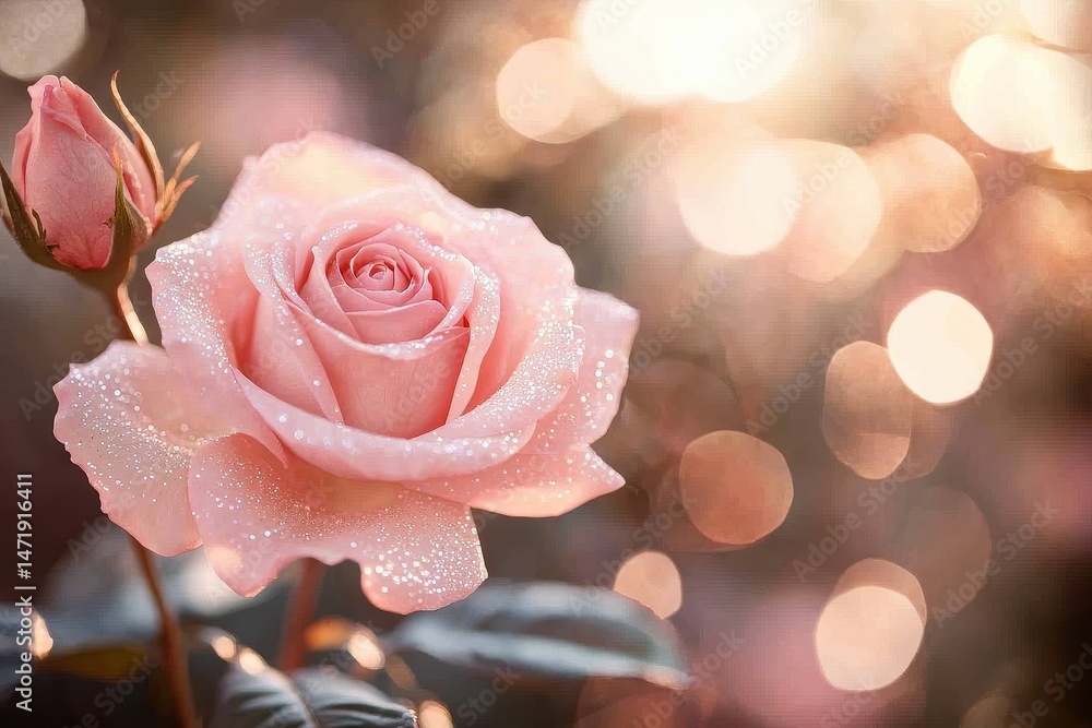 Aufkleber macro shot of a pink rose with glittering petals and soft bokeh background creating a romantic and e