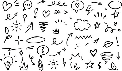 Line marker hand drawn brush arrow element set. Sketch pencil stroke vector graphic pen underline scribble icon. Hand drawn line heart, crown, star symbol highlight marker shape. Vector illustration