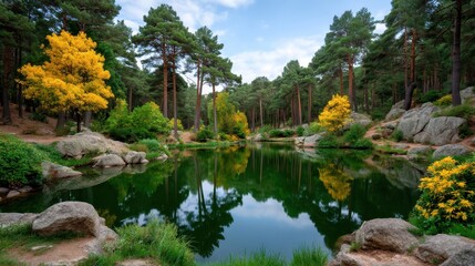 Majestic Autumn Reflection at Tranquil Lake Surrounded by Pine Forest and Vibrant Colors