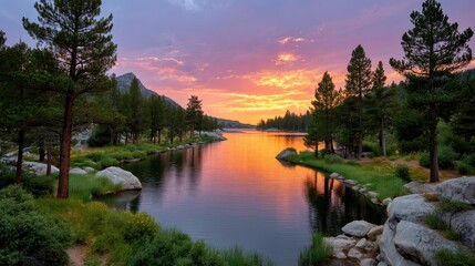 Serene Still Lake Reflecting Vibrant Sunset with Evergreen Trees on a Tranquil Evening