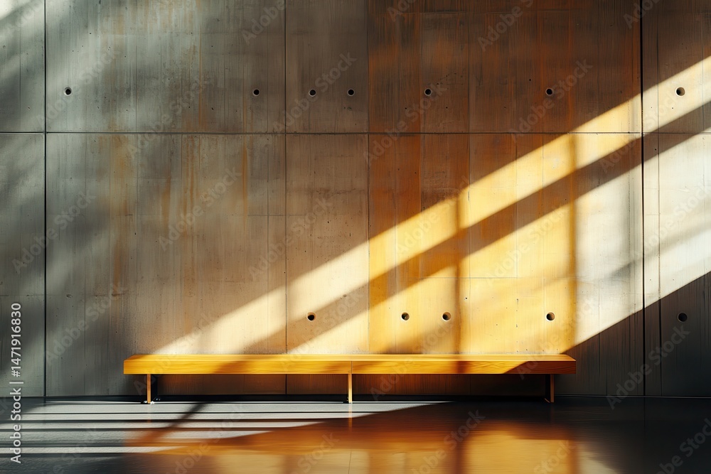Poster modern minimalist interior with concrete wall and wooden bench bathed in sunlight shadows creating g