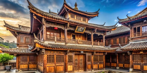 Obraz premium Traditional Chinese building eaves with intricate wooden carvings and ornate metalwork details, ancient china, chinese village