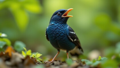 Obraz premium Close-up of a colorful extracted bird with blue and black feathers singing with open beak standing on the ground among green foliage and vibrant natural environment