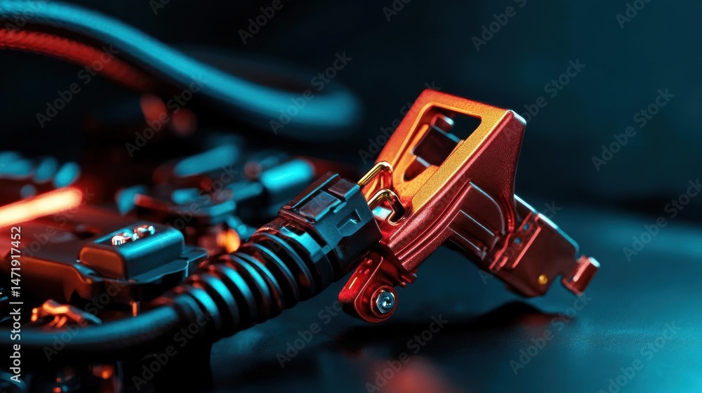 Fototapete close-up of a red-colored electronic device with a black cable attached to it. the device appears to