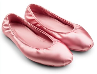 Pair of Pink Satin Ballet Flats on a White Background Fashionable and Comfortable Women's Shoes for Dance or Casual Wear in Studio Lighting