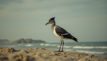 Elegant crowned bird standing on sandy beach with ocean waves and distant rocks under cloudy sky, showcasing wildlife and coastal scenery in natural habitat