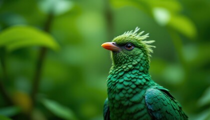 Fototapeta premium Vibrant green bird with iridescent feathers and a spiky perched amidst lush jungle foliage displaying intricate feather patterns and vivid coloration