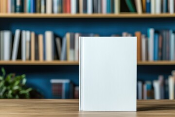 Blank book cover on wood table with blurred shelves