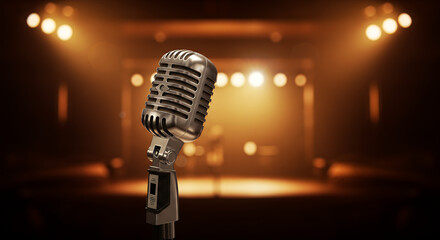 Vintage Microphone on Stage: Shine Brightly! Retro Music, Performance Art, Showbiz, Entertainment, Mic, Radio, Concert, Spotlight, Musician.