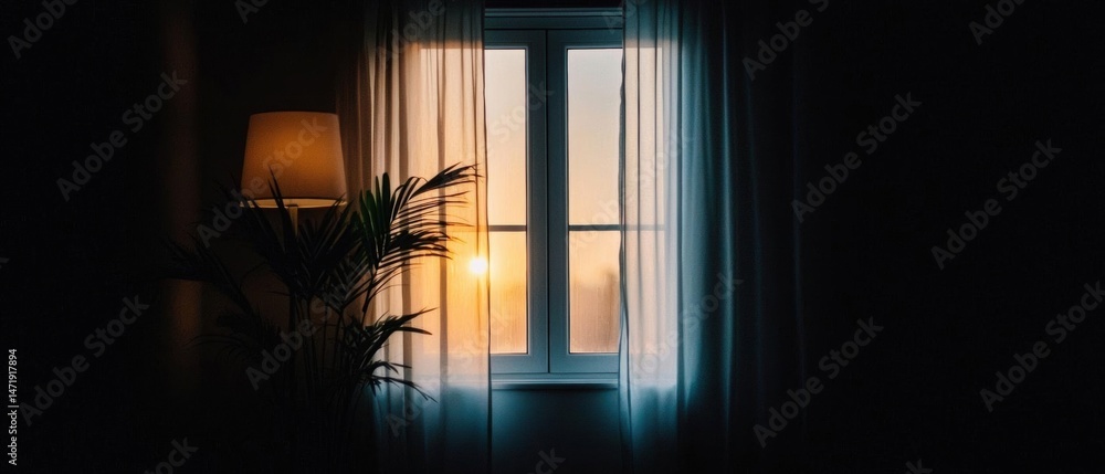 Poster window with white curtains in a dark room. the window is open and the light is shining through the c