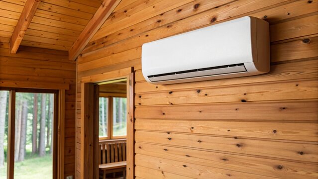 A sleek ductless mini-split system installed on rich wooden paneling, blending contemporary technology with a traditional interior, emphasizing efficient climate control