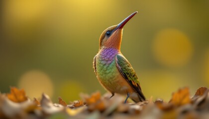 Obraz premium Close-up of a colorful hummingbird standing on fallen leaves with blurred natural background, showcasing vibrant feathers and delicate features in a peaceful outdoor setting