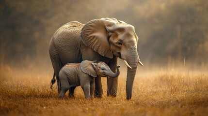 Majestic adult elephant and baby elephant walking together in golden grassland du sunset with warm lighting and natural wildlife habitat scene