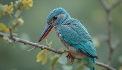 Obraz premium Close-up of a colorful kingfisher bird perched on a tree branch with green blurred background showcasing detailed feathers and vibrant coloration
