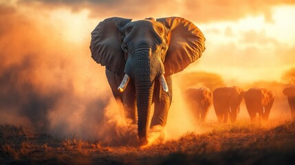 Obraz premium Majestic African elephant walking through savannah at sunset with dust clouds and herd in the background du golden hour in a natural wildlife scene
