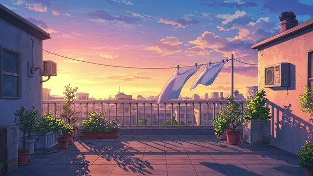 Anime scenery, city rooftop at sunset in lofi anime style, Lo-Fi.