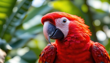 Obraz premium Close-up of a vibrant red and orange parrot with a large curved beak and bright blue eye, surrounded by lush green tropical foliage in natural daylight