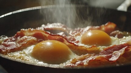 Close-Up of Fried Eggs and Crispy Bacon in a Pan