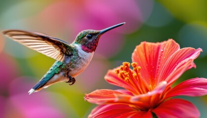 Naklejka premium Vibrant hummingbird flying near a large pink hibiscus flower with colorful blurred garden background showcasing nature and wildlife in focus