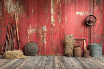 Rustic Still Life with Red Corrugated Metal Wall and Weathered Wooden Floorboards Featuring Vintage Farm Tools and Wheat Bundles in a Farmhouse Style Setting