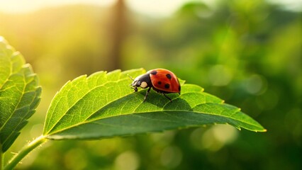 Fototapeta premium A vibrant red ladybug rests peacefully on a lush green leaf, bathed in warm sunlight with a beautiful sunflare, symbolizing nature's delicate beauty, good luck, and the vitality of spring. 