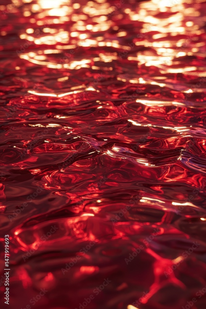 Aufkleber Shimmering Red Water Surface Reflecting Sunlight Abstract Background with Waves and Ripples Texture Close Up Detailed View