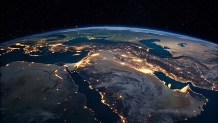 Fototapeta premium A stunning nighttime view of Earth from outer space, dramatically highlighting the illuminated cities across the Middle East, Europe, and North Africa, symbolizing global interconnectedness