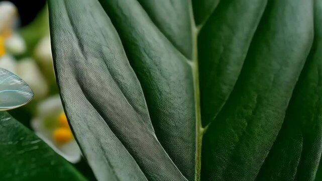Close up view of a bright green leafhopper resting on foliage, wings partially visible, surrounded by soft focus white flowers