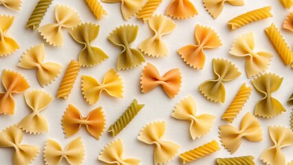 Obraz premium A vibrant flat lay of uncooked Farfalle (bow-tie) and Fusilli pasta in various natural colors, scattered across a light background, symbolizing delicious Italian cuisine