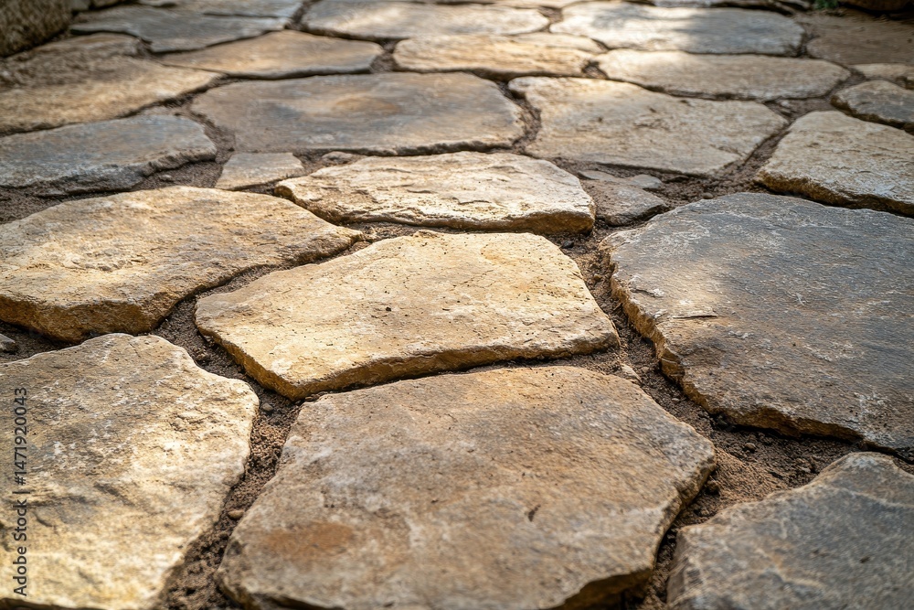 Poster stone paved walkway with irregular flagstones in outdoor setting with natural rock patterns and text
