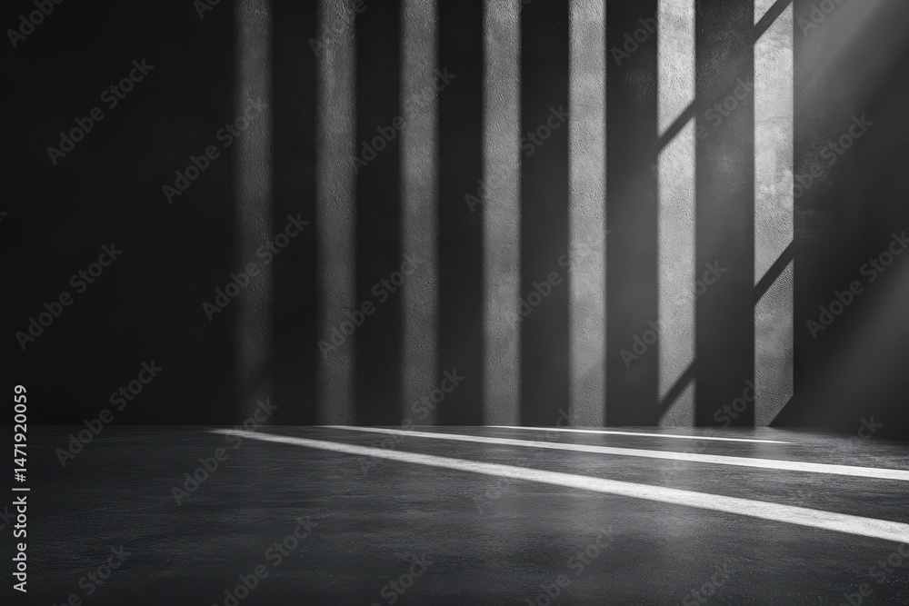 Poster Striking Light Rays Through Prison Bars Casting Shadows on Gray Concrete Walls and Floor Creating a Somber Mood