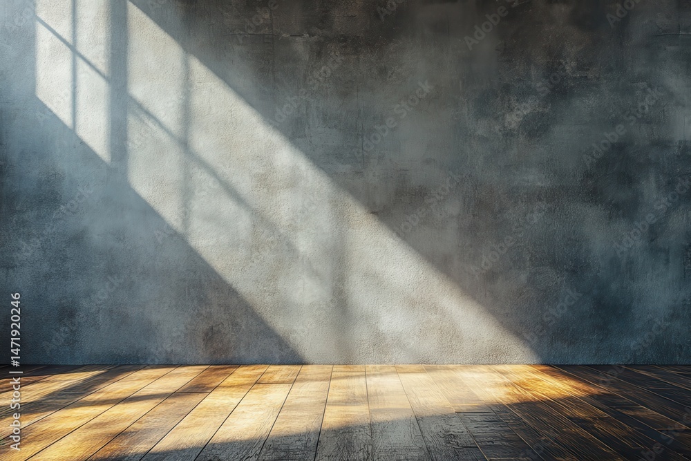 Poster sunlight streaming through a window onto a textured gray concrete wall and dark wood floor creating 