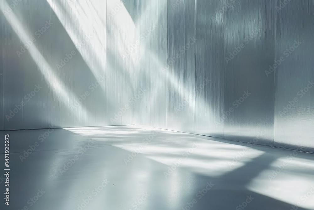 Aufkleber Sunlit Abstract Interior with Reflective Textured Walls in Light Gray Tones Creates a Modern and Minimalist Space with Clean Lines and Smooth Surfaces