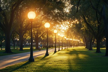 Obraz premium Sunlight Shining Through Trees in City Park Illuminating Pathway with Vintage Lamps and Green Lawn Creating Golden Hour Ambiance in Tranquil Outdoor Setting