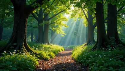 Naklejka premium Enchanted forest path, dappled sunlight filtering through ancient trees , peaceful, light