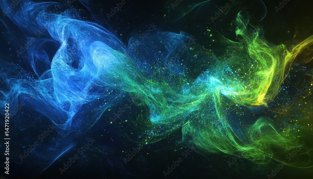 Aufkleber Swirling Blue and Green Particle Cloud Abstract Design with Dynamic Motion on Dark Background Generative AI