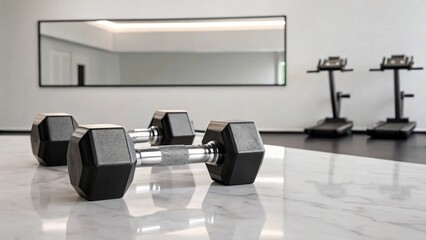 A modern fitness space showcasing pairs of black hexagonal dumbbells on a polished floor, with treadmills and a large mirror in the background, symbolizing a clean