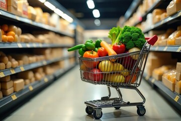 A full shopping cart overflowing with fresh produce, dairy, and pantry staples , natural, food, cart full