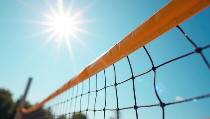 Close-up of a volleyball net, sunlit and taut, ready for a game , court, nylon, activity