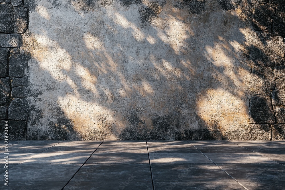 Poster textured stone wall with leaf shadows on a gray concrete floor in natural sunlight creates an abstra