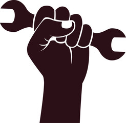 Hand holding a spanner on white background