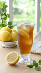 Fototapeta premium A refreshing glass of iced tea garnished with lemon slices sits on a wooden table alongside fresh lemons in a bright, sunny setting