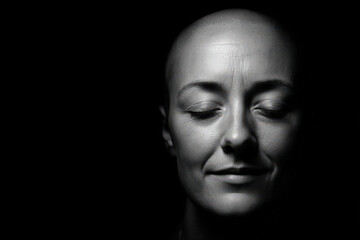 A serene woman with a shaved head, eyes closed, displays a peaceful expression under soft lighting, conveying calmness and tranquility