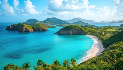 Turquoise Waters Surrounding Tropical Islands With Sandy Beaches Under Bright Sky Blue Caribbean Aerial View of Lush Greenery With Tropical Beach Destination