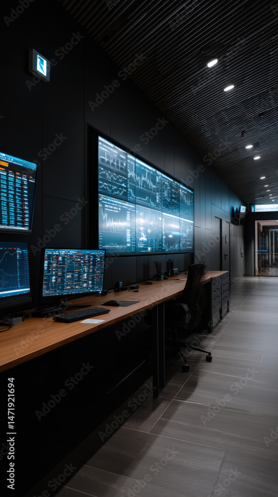 Aufkleber a modern trading room with multiple screens displaying stock market data and financial graphs, featu