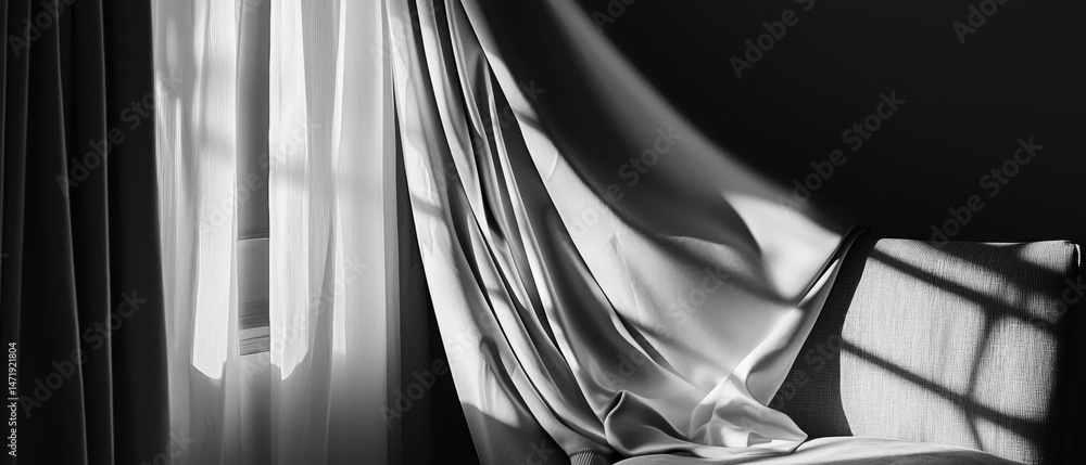 Poster black and white photograph of a window with sheer curtains. the curtains are drawn back, creating a 
