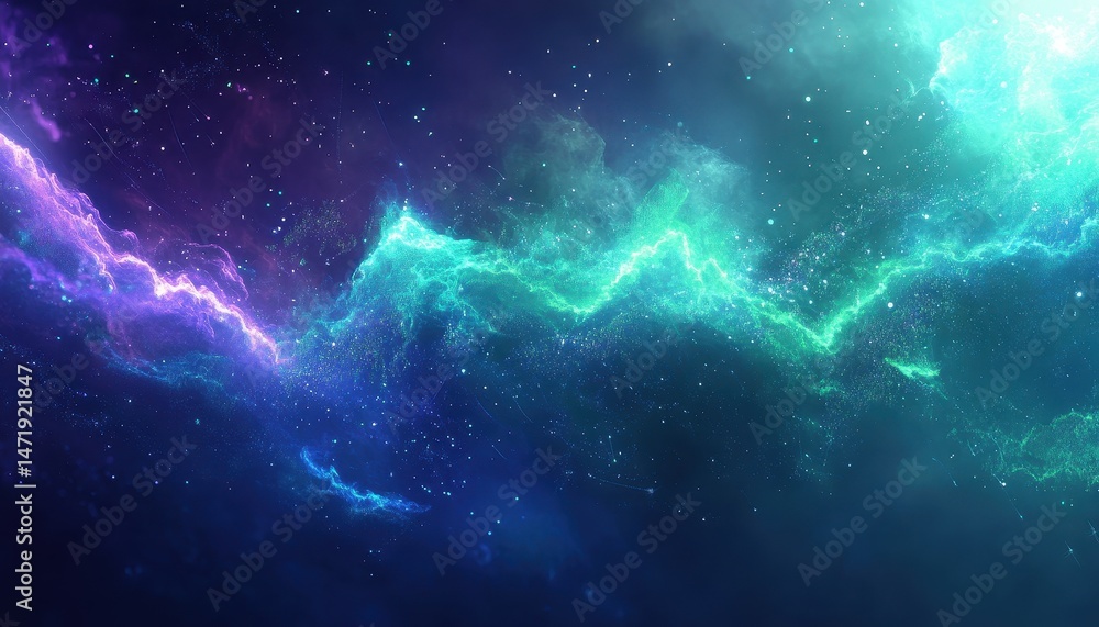 Poster vibrant nebula in shades of blue purple and green with scattered stars creating an ethereal cosmic b