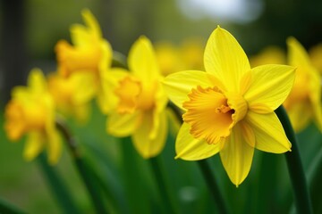 Fototapeta premium Vibrant daffodil yellow flowers in full bloom, close-up view , cheerful, springtime