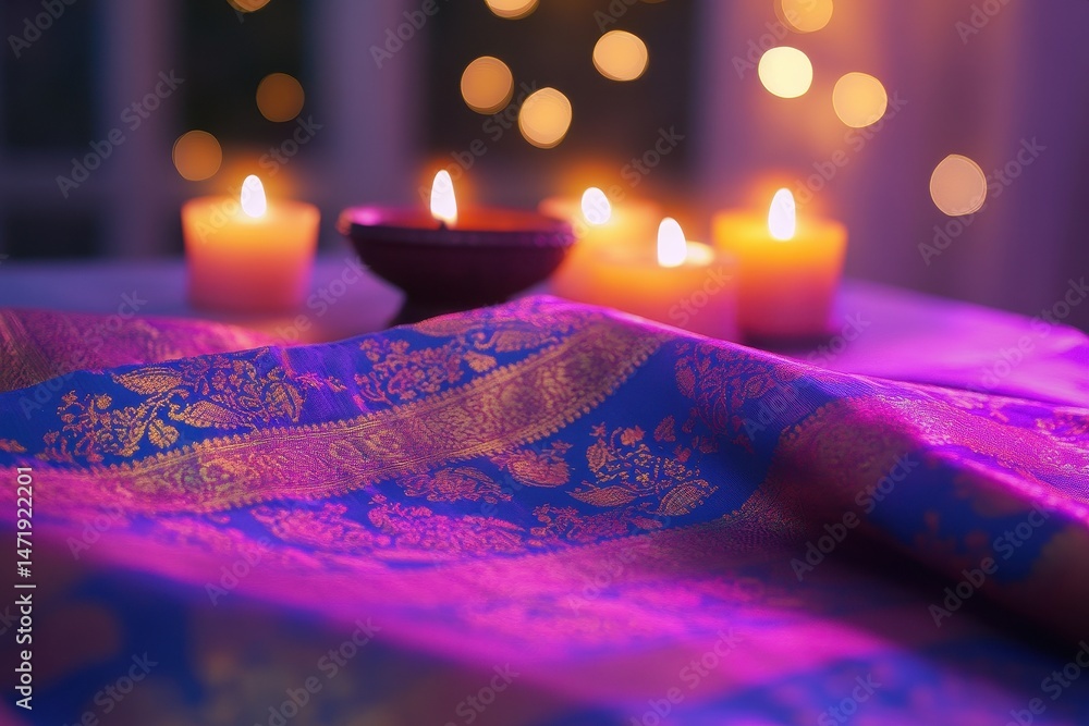 Poster warm candlelight illuminating decorative fabric with bokeh lights on table creates an intimate ambia