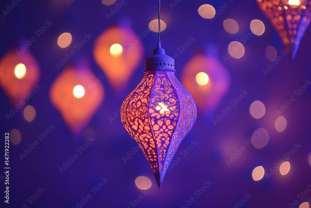 Poster warm ornate lanterns hanging with bokeh lights creating a festive atmosphere for celebration in a pu